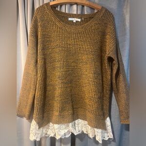 Cecico size medium sweater, brown blend with feminine white lace detail.